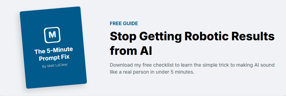 Banner for the free guide 'The 5-Minute Prompt Fix' showing an ebook cover and the headline 'Stop Getting Robotic Results from AI.'