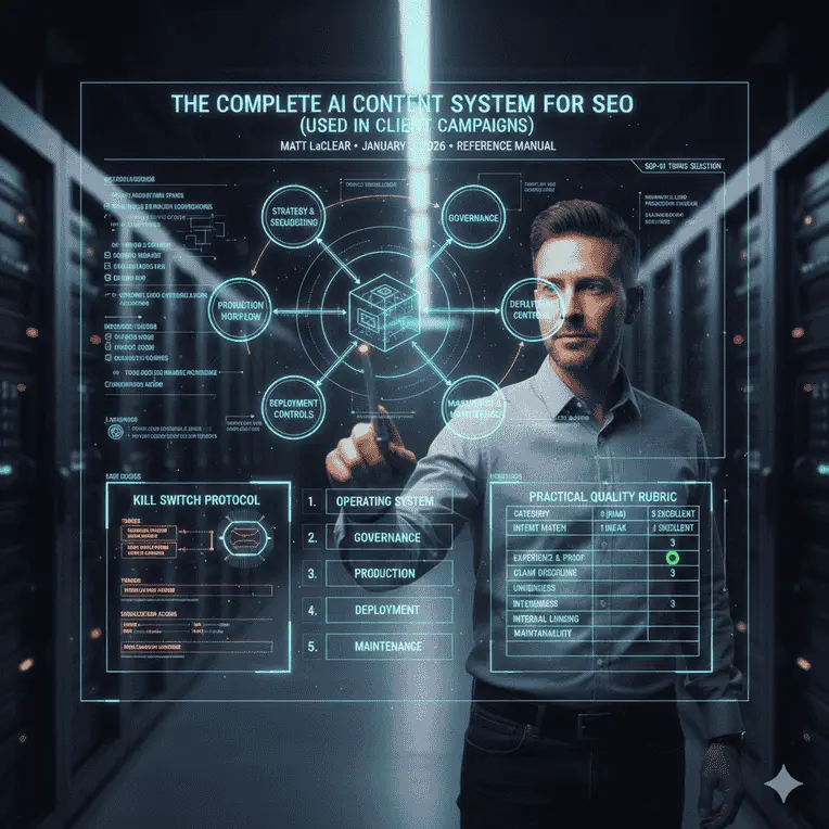 Diagram showing a complete AI content system for SEO used in client campaigns, including governance, production workflow, deployment controls, and quality standards