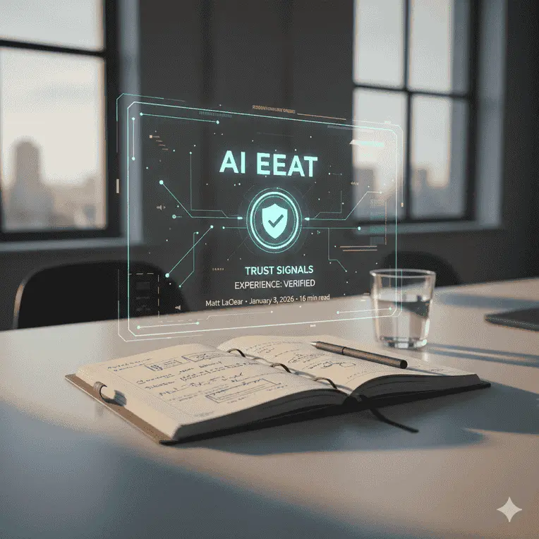 Visual illustration of AI EEAT showing trust signals, verified experience, and authority used to evaluate AI-assisted content