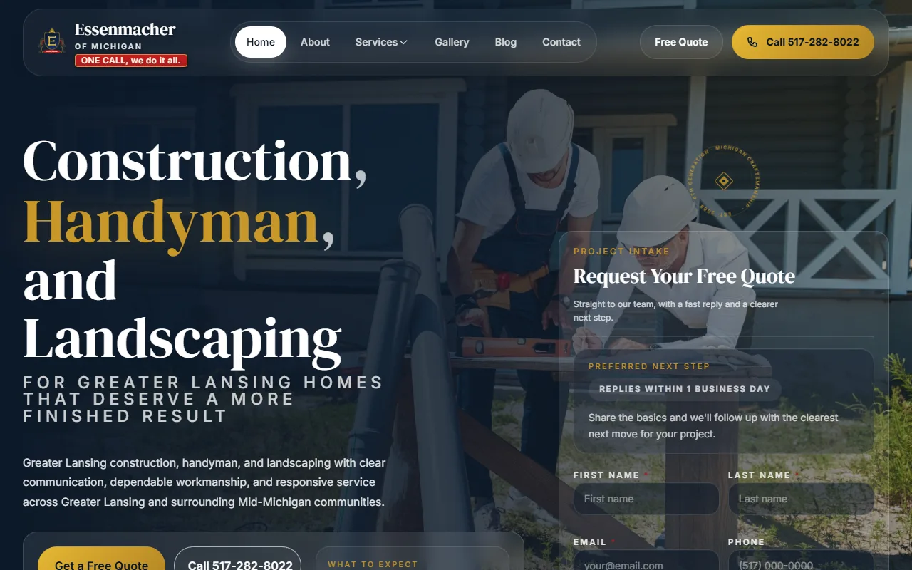 EOFM contractor website for a Greater Lansing construction, handyman, and landscaping company
