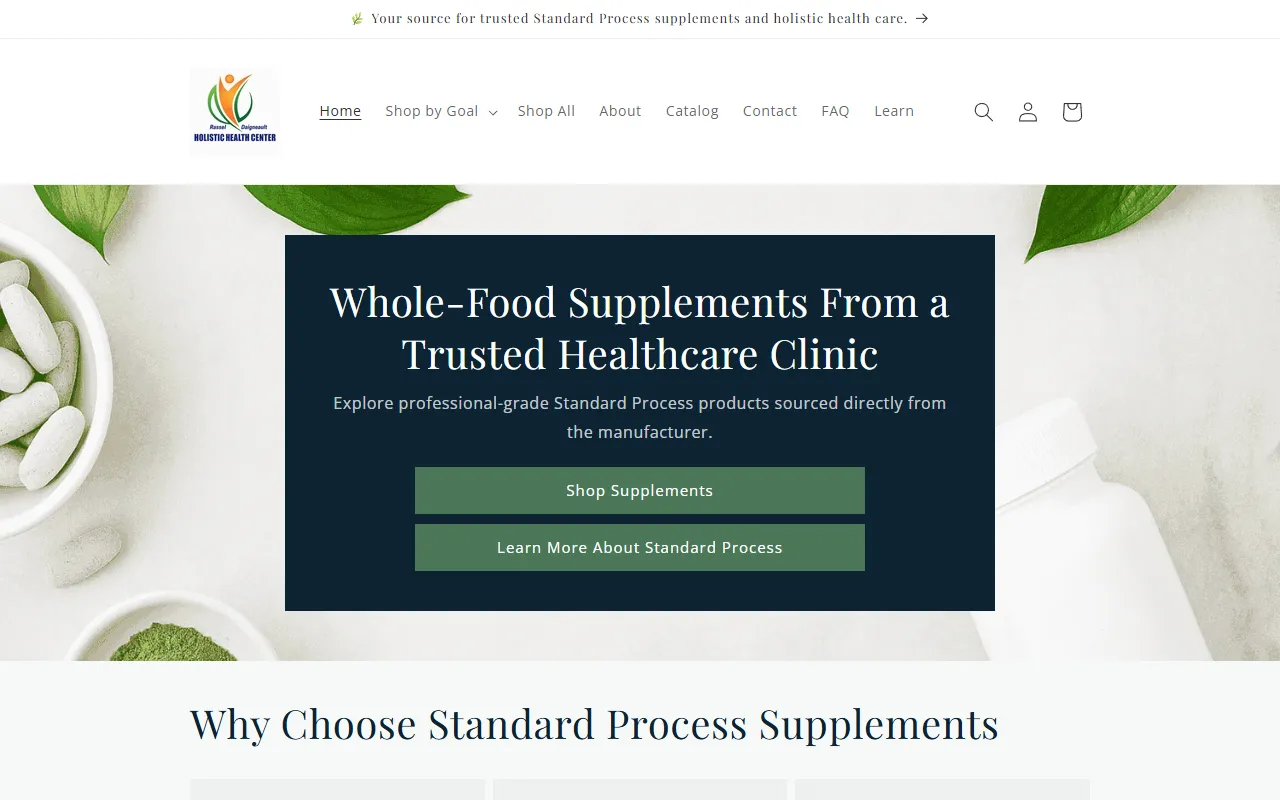 Custom Shopify supplement shop — desktop view showing a trust-focused e-commerce layout for a Lansing healthcare brand